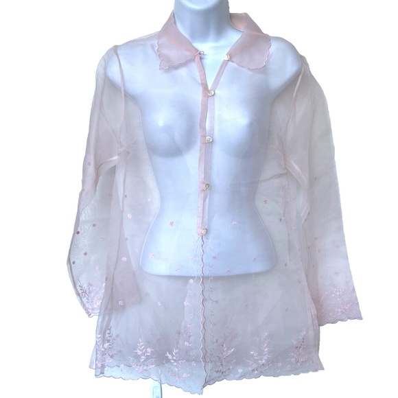 Sheer Blouse Tunic Light Pink Embroidered Button Up Floral Scallop Edges Sz L - Picture 1 of 13